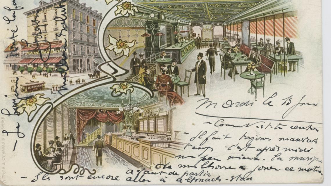 Als Luzern ein kleines Paris sein wollte: Postkartengrüsse aus dem «Café Anglais» an der »Rue des Alpes» in Luzern.