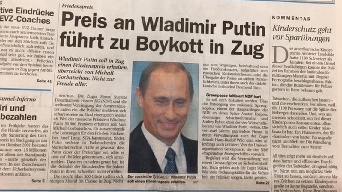 Ausriss der «Neuen Zuger Zeitung» über den Boykott – vor 20 Jahren wurde Wladimir Putin in Zug ein Friedenspreis verliehen.