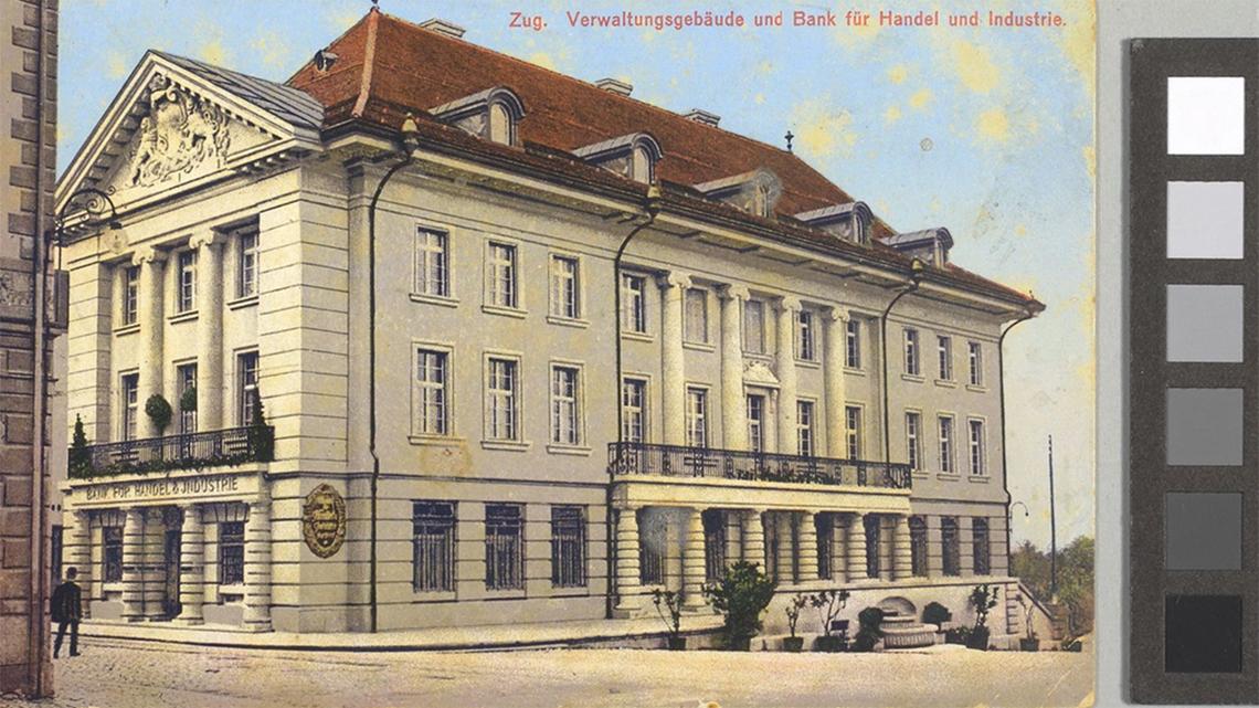 Zugs Verwaltungsgebäude und Bank für Handel und Industrie um 1916.