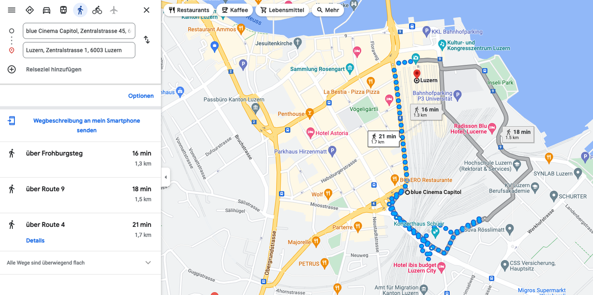 Google Maps schlägt eine interessante Route vom Capitol bis zum Bahnhof Luzern vor.