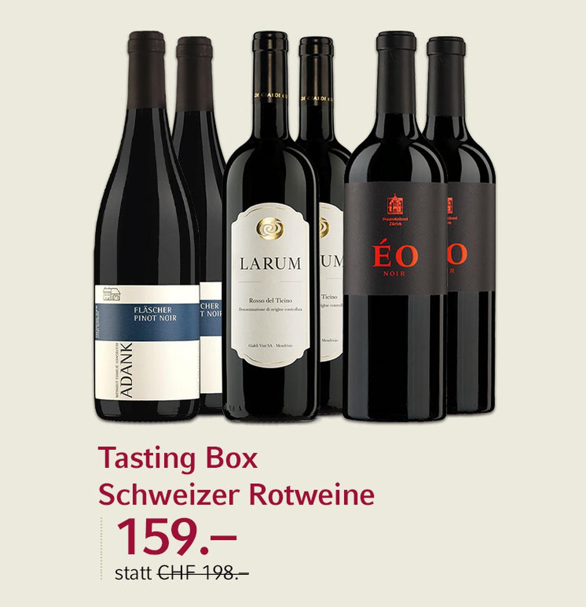 Die Tasting Box beinhaltet drei verschiedene Schweizer Rotweine.