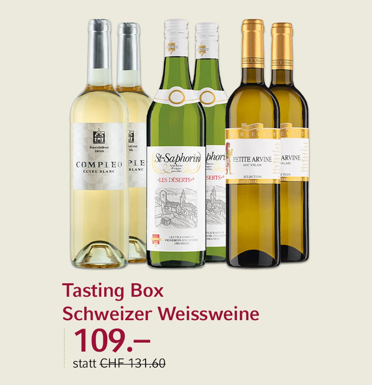 Genf, Wallis, Zürich – drei Schweizer Weissweine aus verschiedenen Regionen werden in der Tasting Box angeboten.