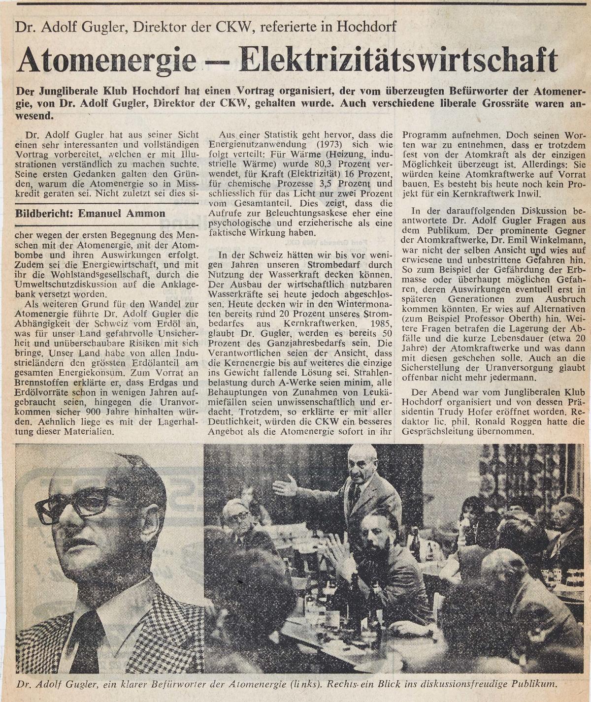 Der damalige CKW-Chef Adolf Gugler lieferte sich Mitte der 70-er-Jahre hitzige Diskussionen rund um das geplante Atomkraftwerk Inwil.