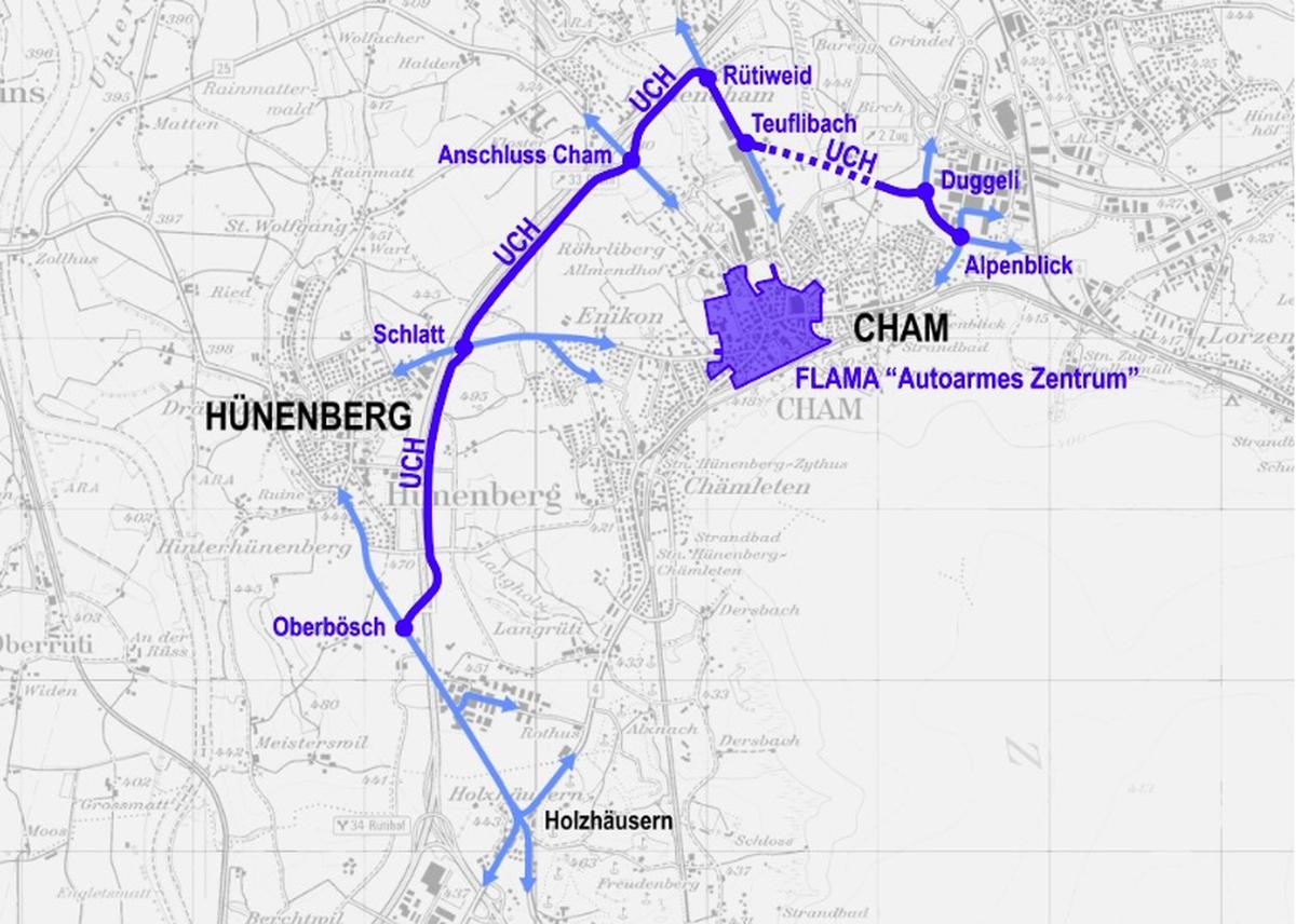 Blau eingezeichnet ist die Umfahrung Cham-Hünenberg, wie sie ab 2027 in Betrieb sein sollte.