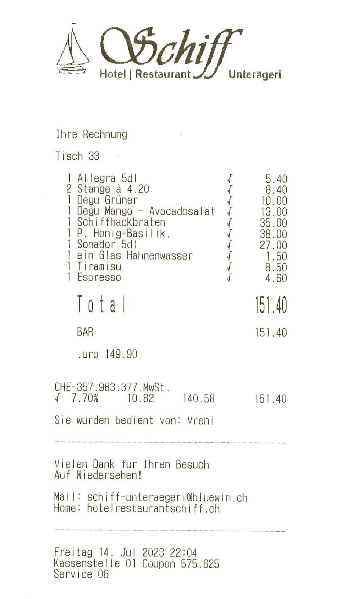 Die Rechnung im Restaurant Schiff Unterägeri.