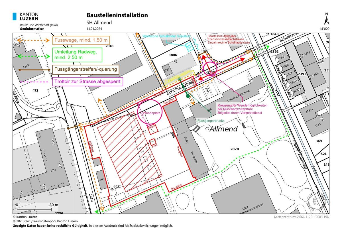 So sieht die ursprüngliche Verkehrsplanung während der Bauphase beim Schulhaus Allmend aus.