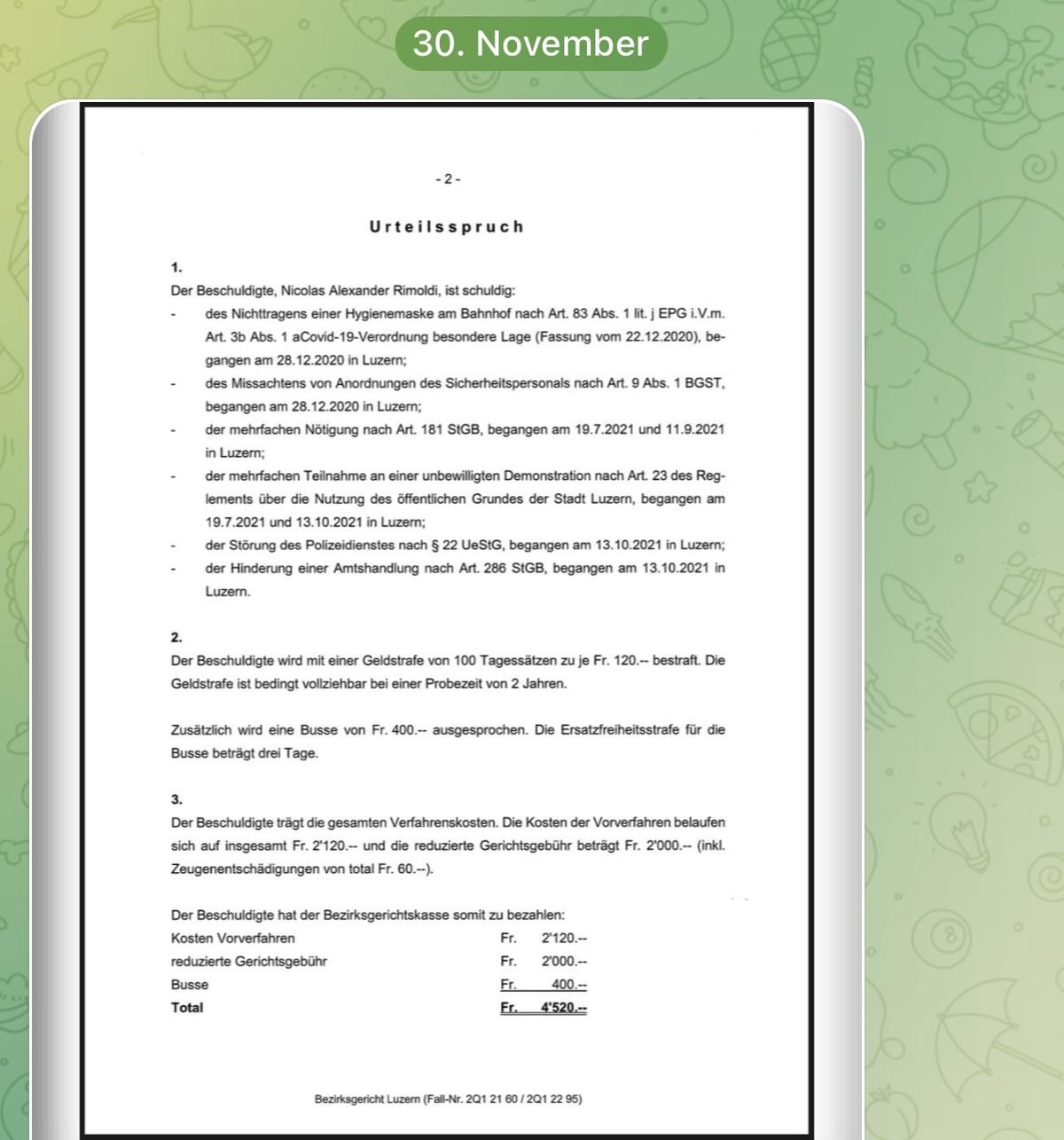 Screenshot von den Urteil, das Massvoll selber in seinem Telegram-Kanal publik gemacht hat. Darin steht klar: Die Busse beträgt 400 Franken.