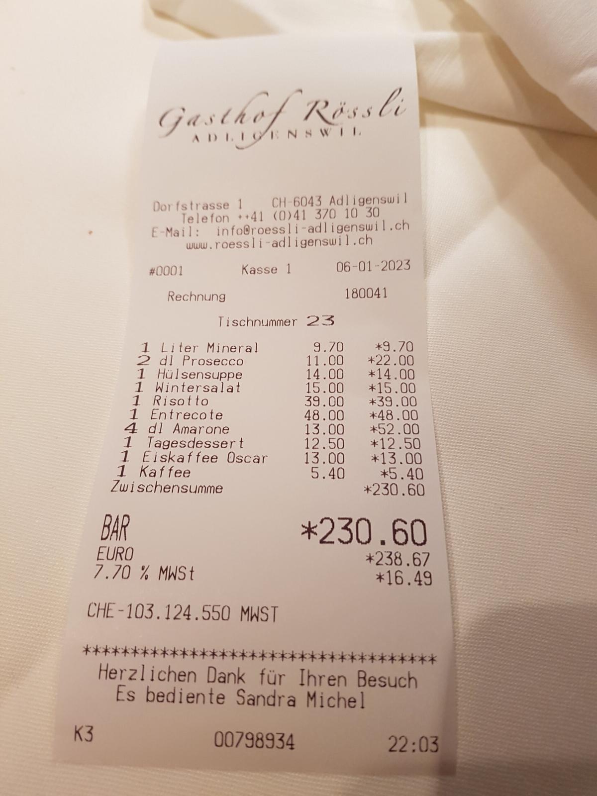 Die Rechnung im Rössli Adligenswil.