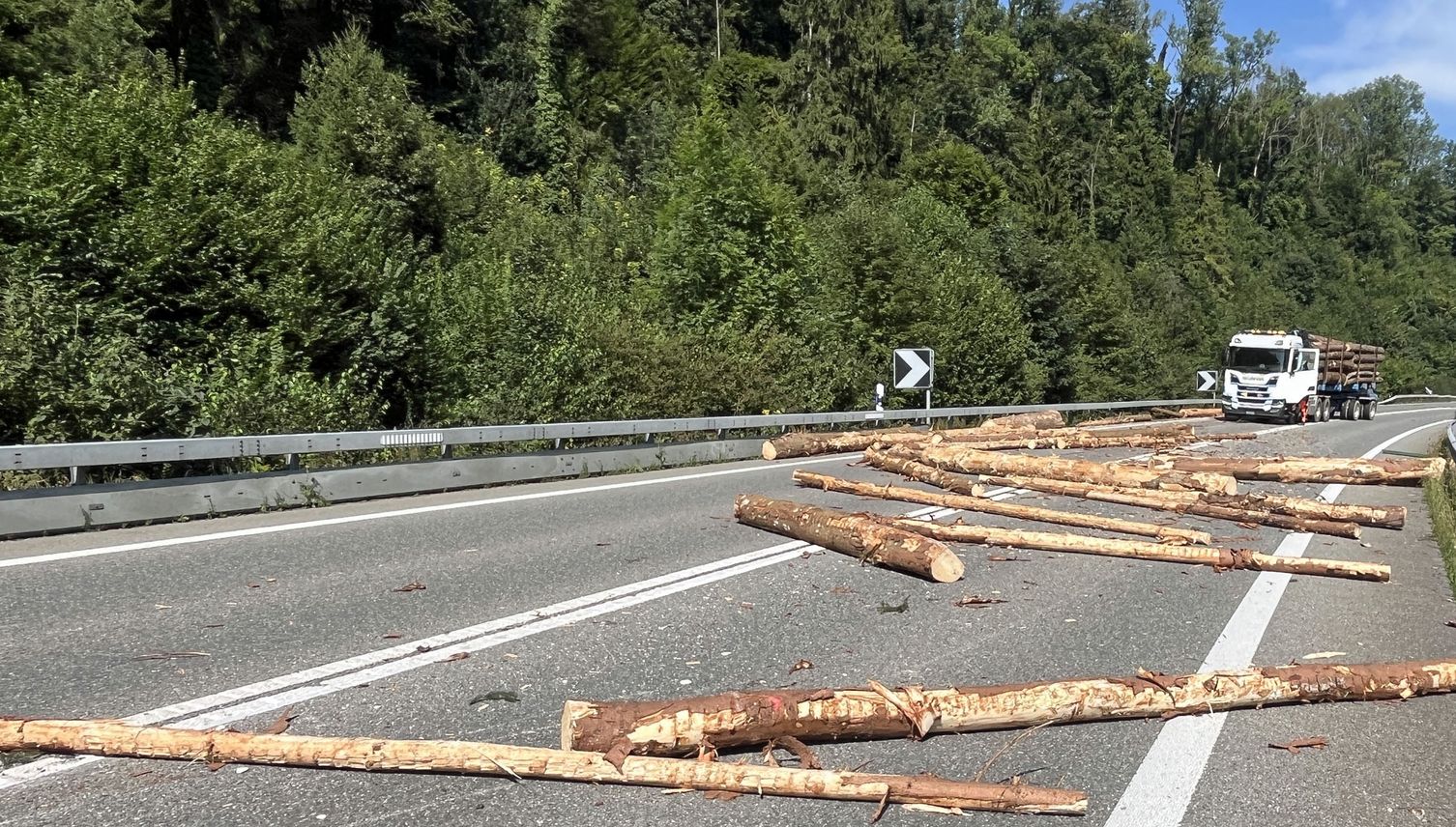 Lastwagen verliert Holzstämme – Strasse gesperrt