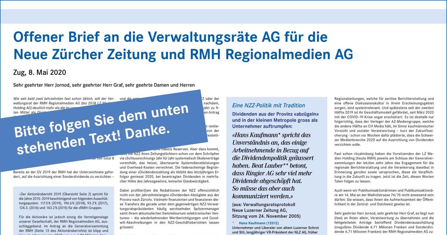 Offener Brief an die Verwaltungsräte AG für die Neue Zürcher Zeitung und RMH Regionalmedien AG