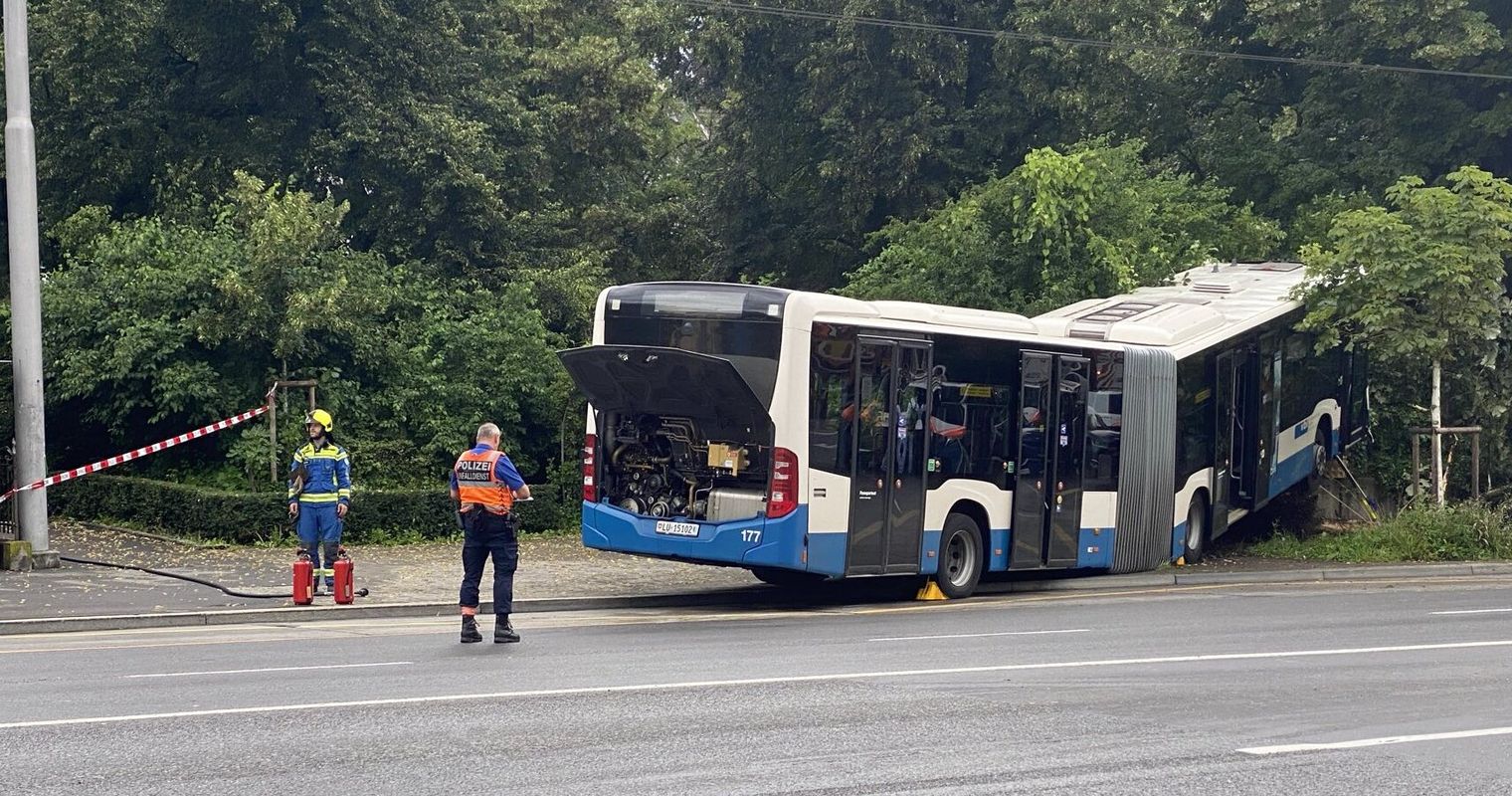 Bus überquert vier Spuren und kracht in Busch