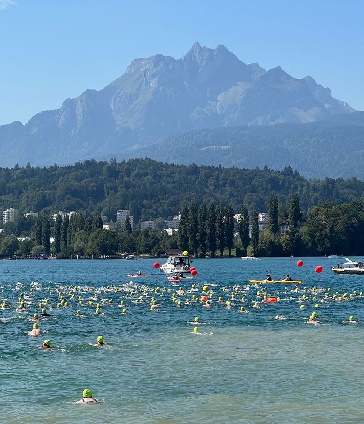 So sieht es aus, wenn 500 Schwimmer den See überqueren
