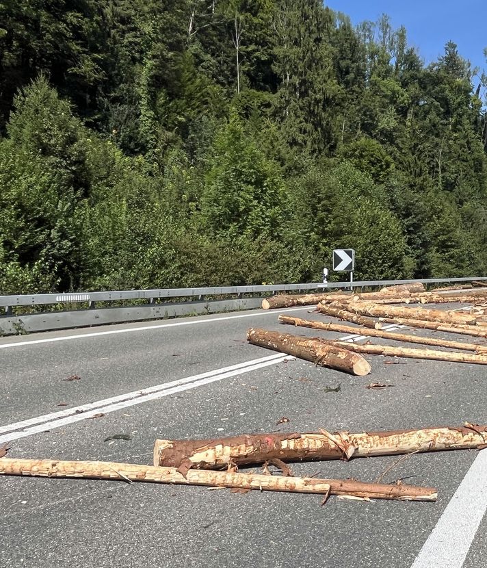 Lastwagen verliert Holzstämme – Strasse gesperrt