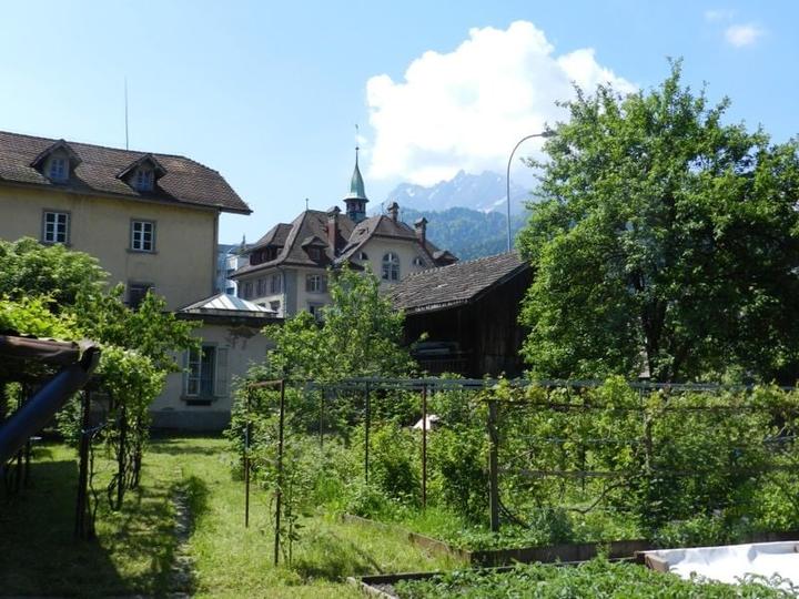 Blick aufs Gemeindehaus Kriens und den Pilatus: in diesem Teils des Areals gibt es einige Gärten.