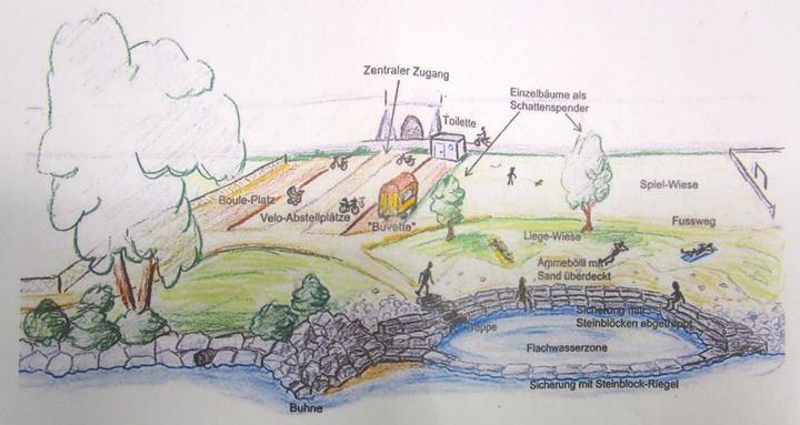 Skizze des Büros Burkhalter & Derungs, wie die Erholungszone Reusszopf in ein paar Jahren aussehen könnte. Ein konkretes Projekt soll bis Frühling 2015 vorliegen.