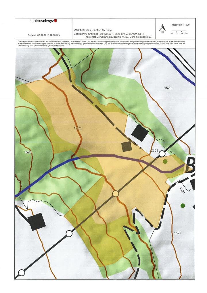 Auf dem Plan sind die beiden Grundstücke von Moritz Schmid (Nummer 2353 mit Haus, und Nummer 1522, gelb markiert) und der Verlauf des Dächlibachs ersichtlich. Violett markiert ist der Bach auf Schmids Grundstück.
