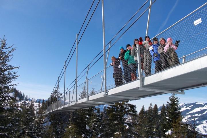 Wintersport-Gebiet Sattel-Hochstuckli: 374 Meter Hängebrückenfeeling pur auf dem Raiffeisen Skywalk.