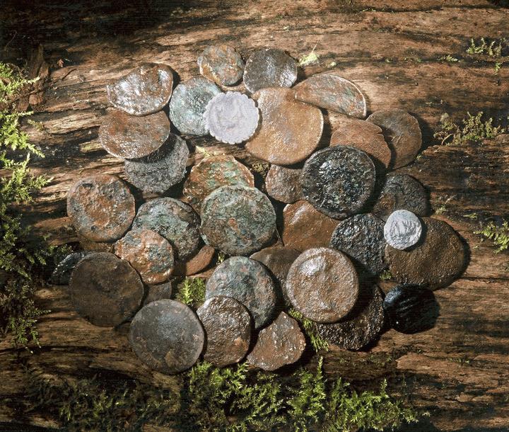 Abb. Blickensdorf: Im Sommer 2001 entdeckte Romano Agola 42 Münzen aus der Zeit vom 1. Jh. v. Chr. bis ins 2. Jahrhundert n. Chr. 35 davon lagen eng beisammen, der Rest verteilte sich über eine Fläche von 75 auf 160 Meter.