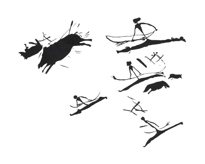 <p>Mittelsteinzeitliches Felsbild aus der Gasulla-Schlucht in Spanien. Die Waden der Jäger sind verdickt, was als Darstellung von Stiefeln gedeutet werden kann. (Bild: © Museum für Urgeschichte(n) Zug, Res Eichenberger)</p>