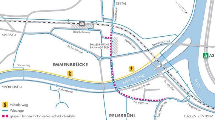 <p>Die Velofahrer teilen sich mit den Bussen die mittlere Brücke (violett markiert). Der Wanderweg ist ab nächster Woche auch wieder offen.</p>