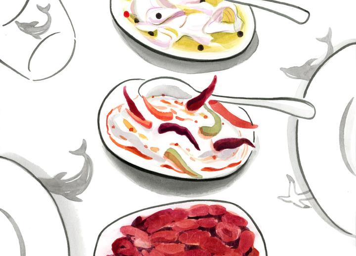 <p>Illustration eines Meze-Rezepts aus dem Buch «Atom – Joghurt mit Auberginen und Chili».</p>