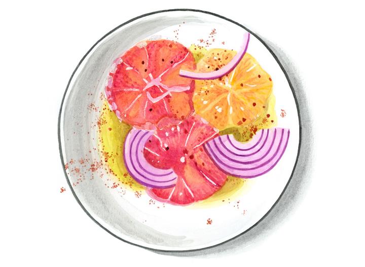 <p>Mmmh: Portakal salatası – Orangensalat mit Olivenöl und roten Zwiebeln.</p>