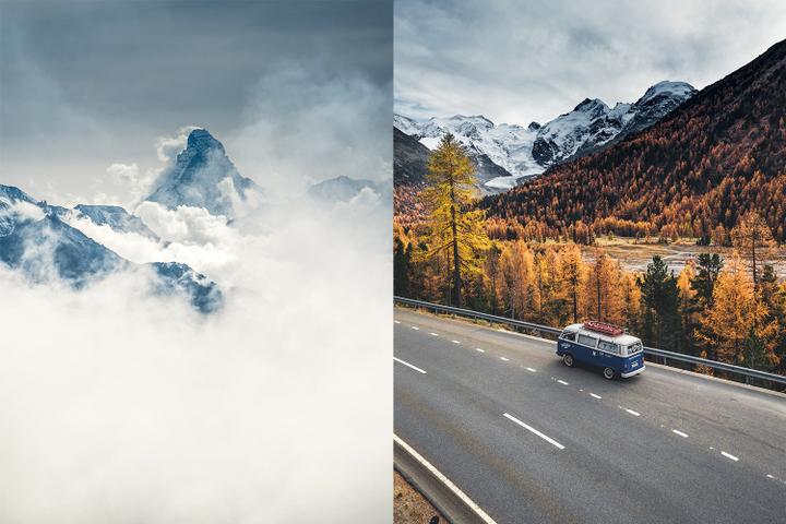 <p>Links: Das Matterhorn vom Aletschgletscher aus fotografiert. Rechts: Herbstfarben im Engadin beim Morteratschgletscher.</p>