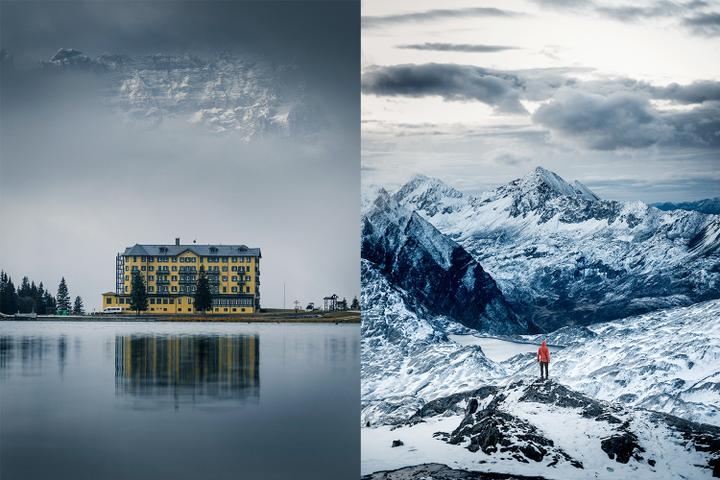 <p>Hotel Misurina in den Dolomiten (links), Bergpanorama bei der SAC-Hütte Cadlimo im Tessin (rechts). (Bild: zvg/Seya Eggler)</p>