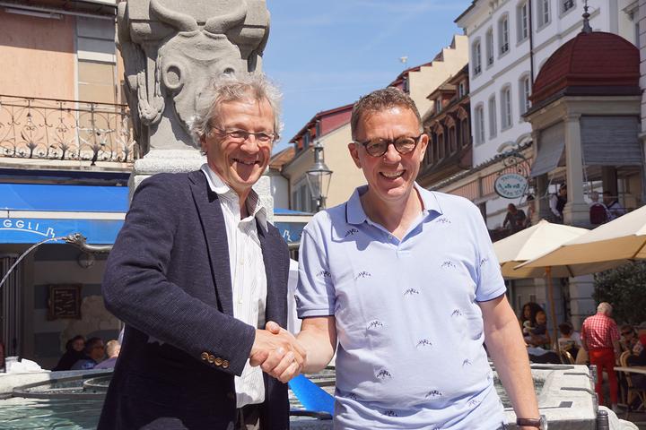 <p>Stadtrat Adrian Borgula und der Präsident des Quartiervereins Kleinstadt Matteo Schaffhauser. (Bild: Stefan Kämpfen)</p>