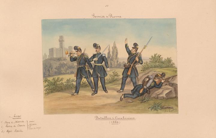 <p>Albert von Escher, Service de Rome. Bataillon de Carabiniers 1860. Bild: Bibliothek am Guisanplatz</p>